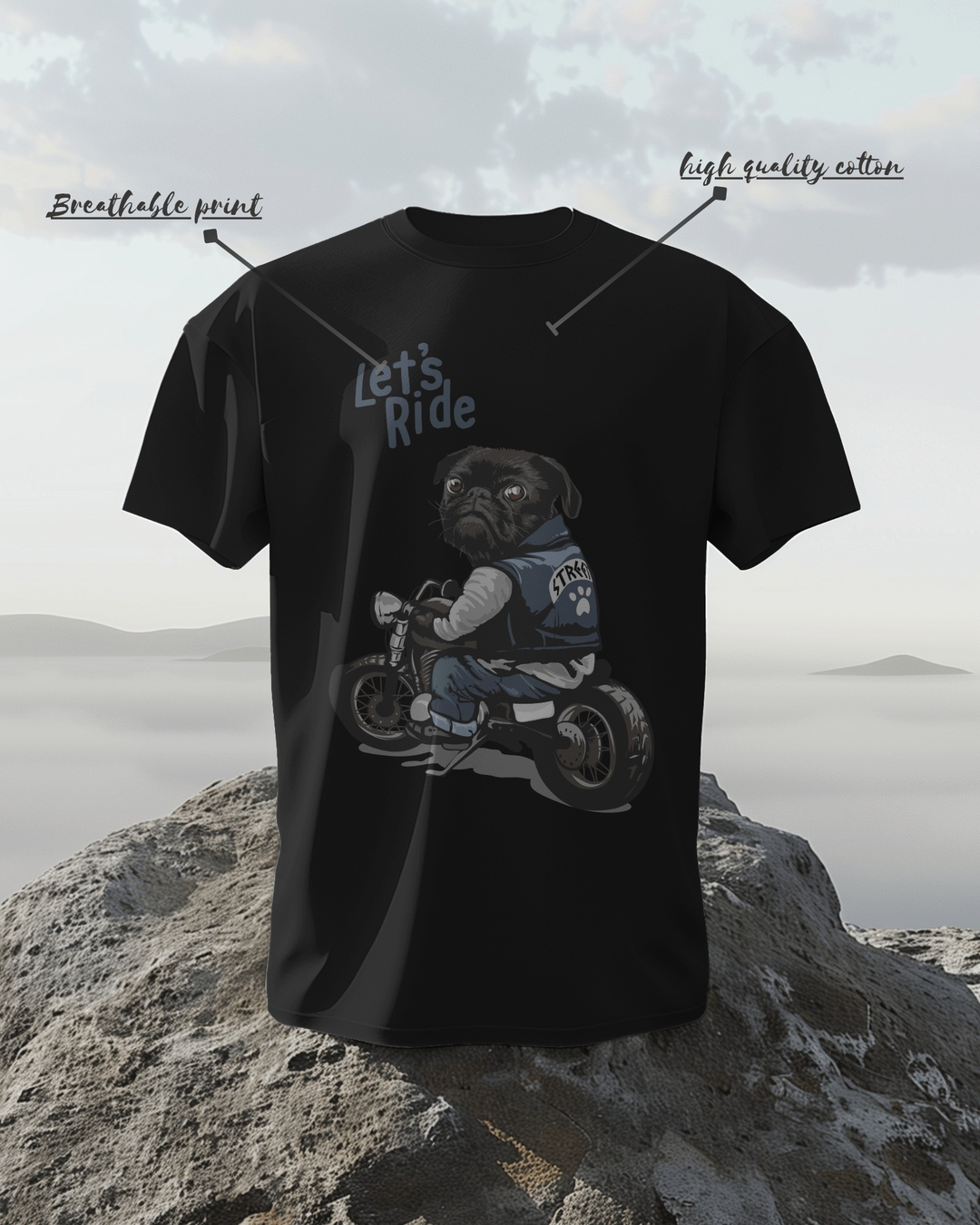 “Let’s Ride” Biker Dog T-Shirt | Regular Fit | 100% Cotton Bio-Wash | Quirky Streetwear