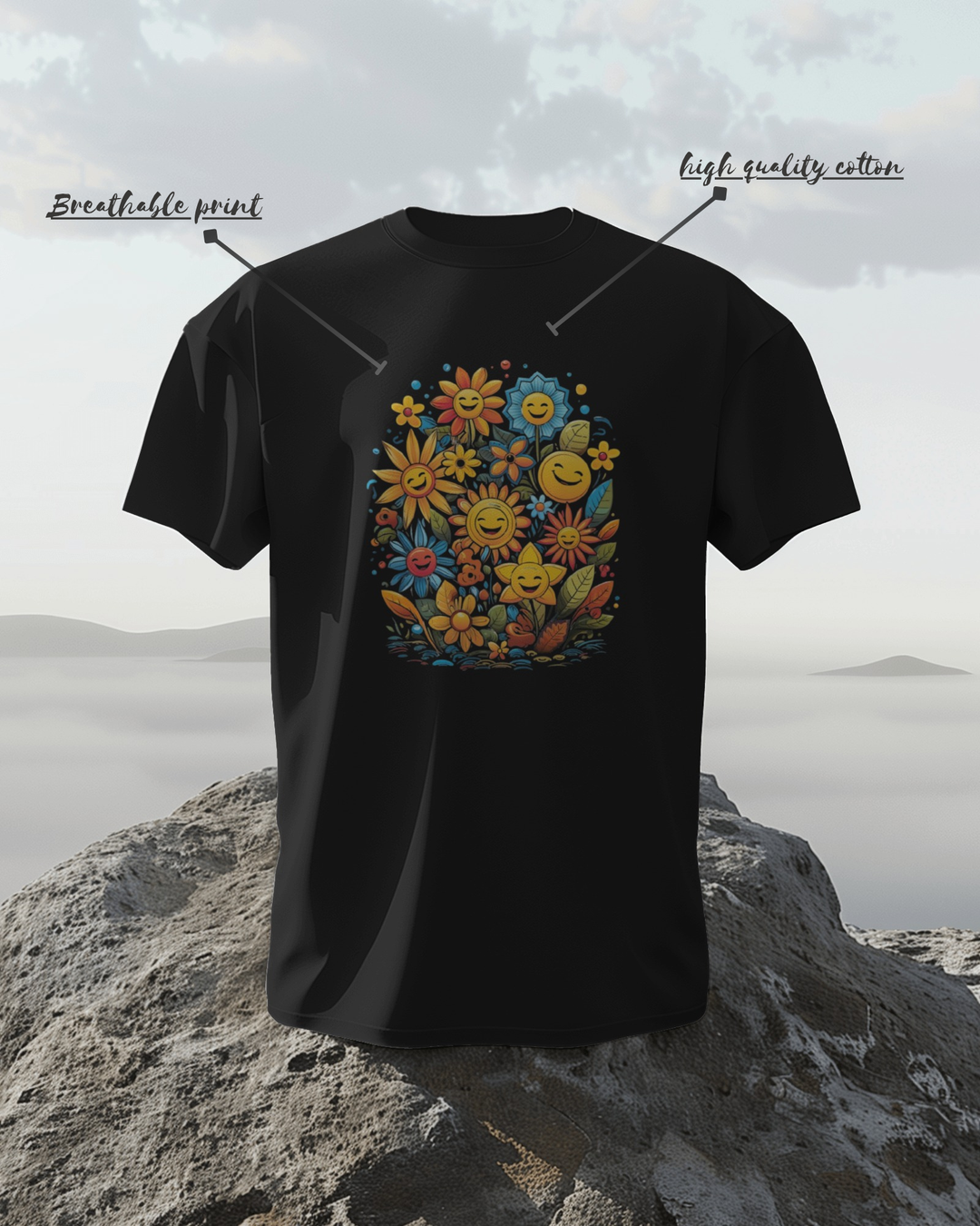 Smiley Flower Garden Graphic T-Shirt – Vibrant Positive Vibes