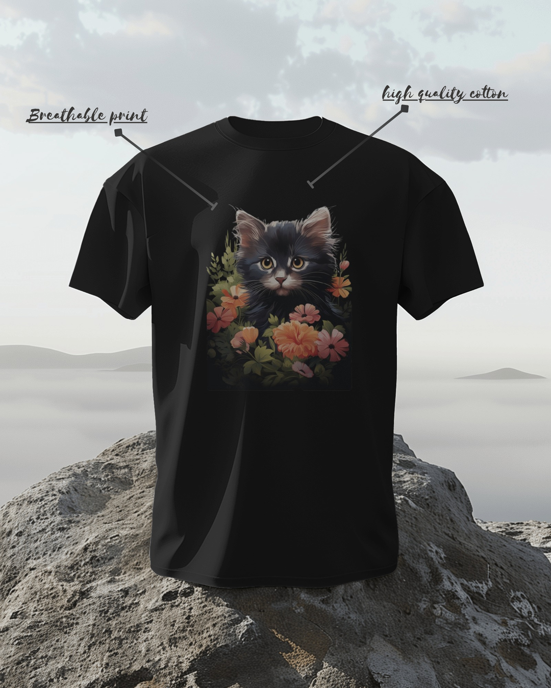 Elegant Black Cat with Floral Frame – Artistic T-Shirt Design
