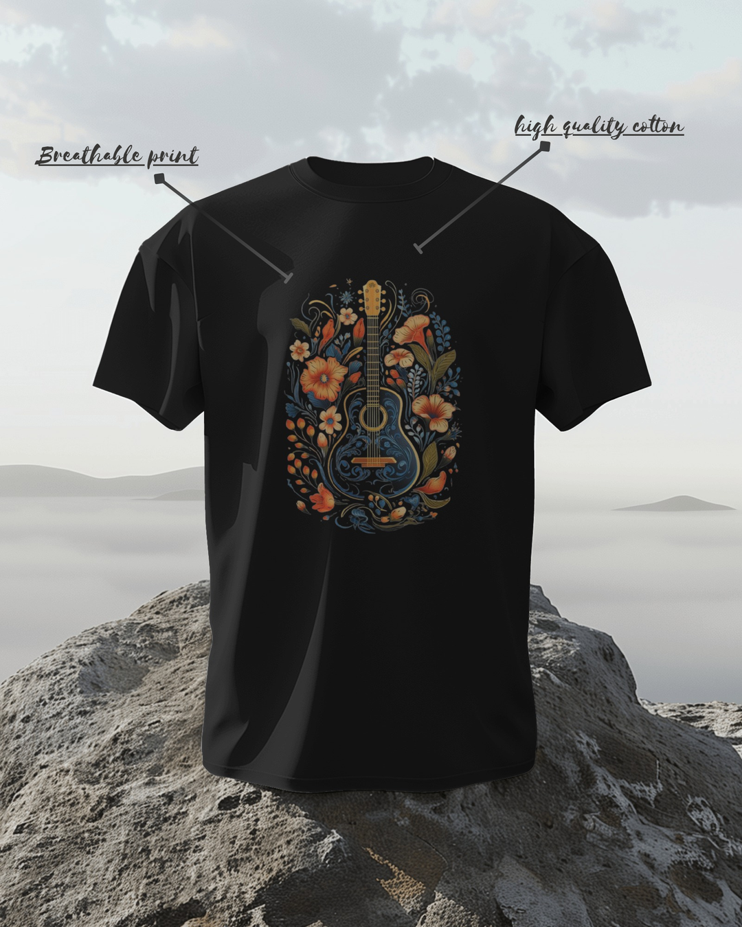 Boho Floral Guitar Graphic T-Shirt for Music Lovers