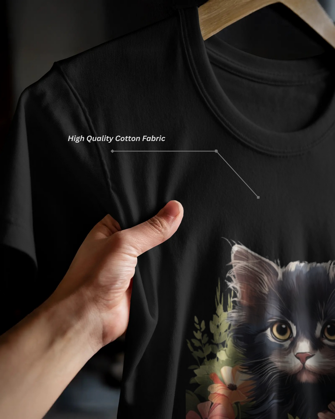 Elegant Black Cat with Floral Frame – Artistic T-Shirt Design