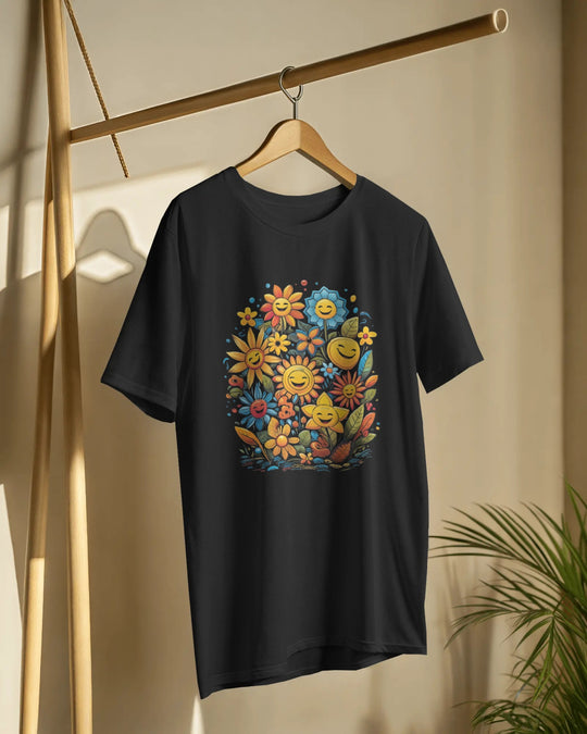 Smiley Flower Garden Graphic T-Shirt – Vibrant Positive Vibes