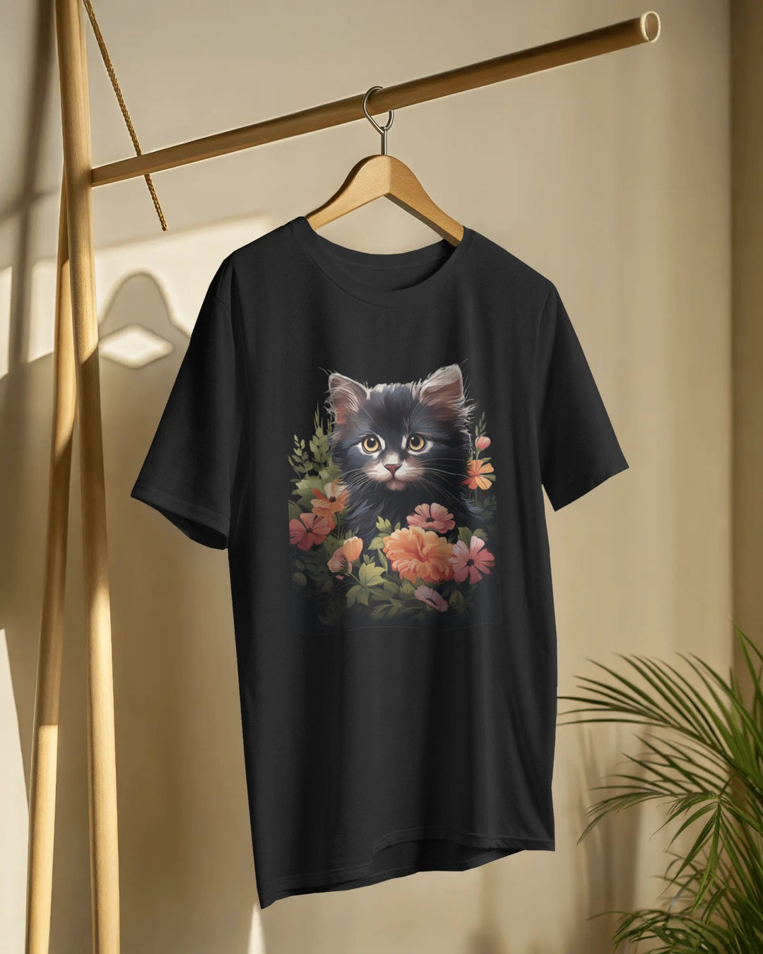 Elegant Black Cat with Floral Frame – Artistic T-Shirt Design