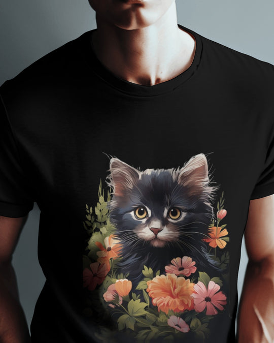 Elegant Black Cat with Floral Frame – Artistic T-Shirt Design