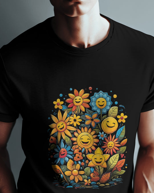 Smiley Flower Garden Graphic T-Shirt – Vibrant Positive Vibes
