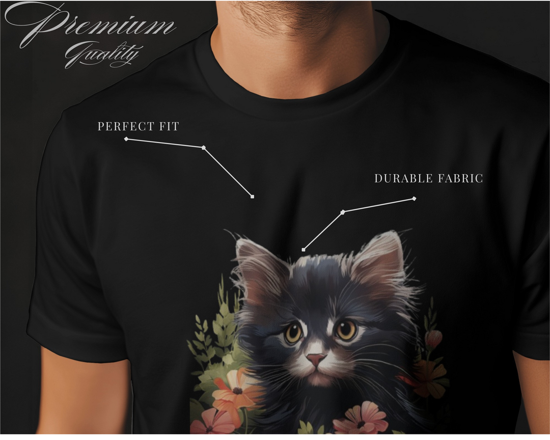 Elegant Black Cat with Floral Frame – Artistic T-Shirt Design