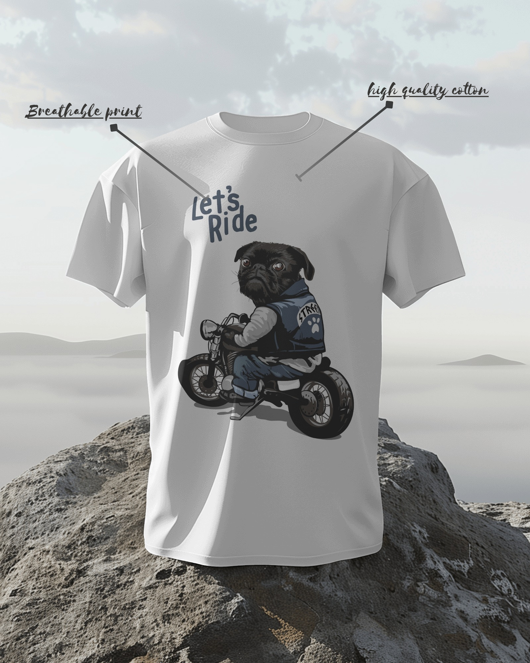 “Let’s Ride” Biker Dog T-Shirt | Regular Fit | 100% Cotton Bio-Wash | Quirky Streetwear