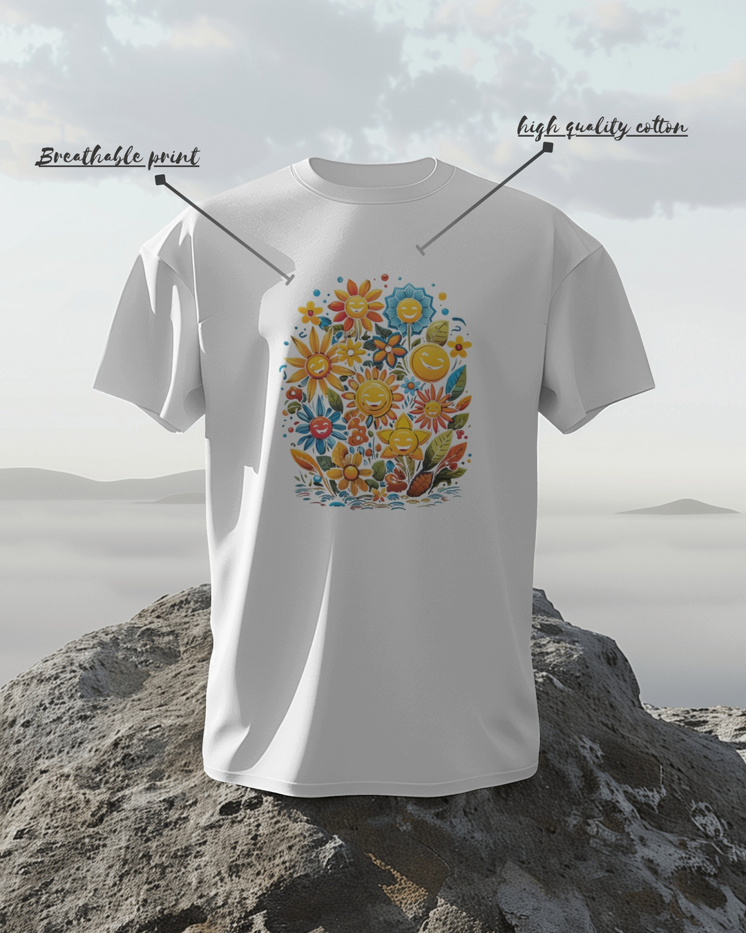 Smiley Flower Garden Graphic T-Shirt – Vibrant Positive Vibes
