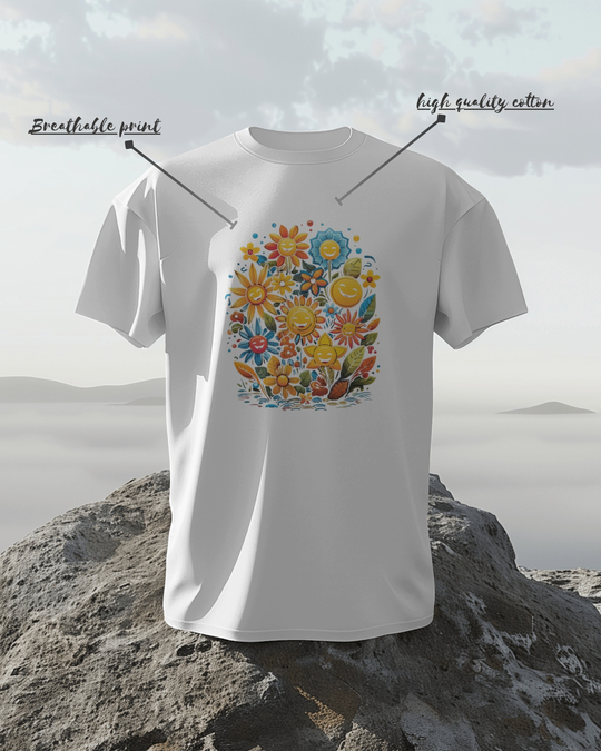 Smiley Flower Garden Graphic T-Shirt – Vibrant Positive Vibes