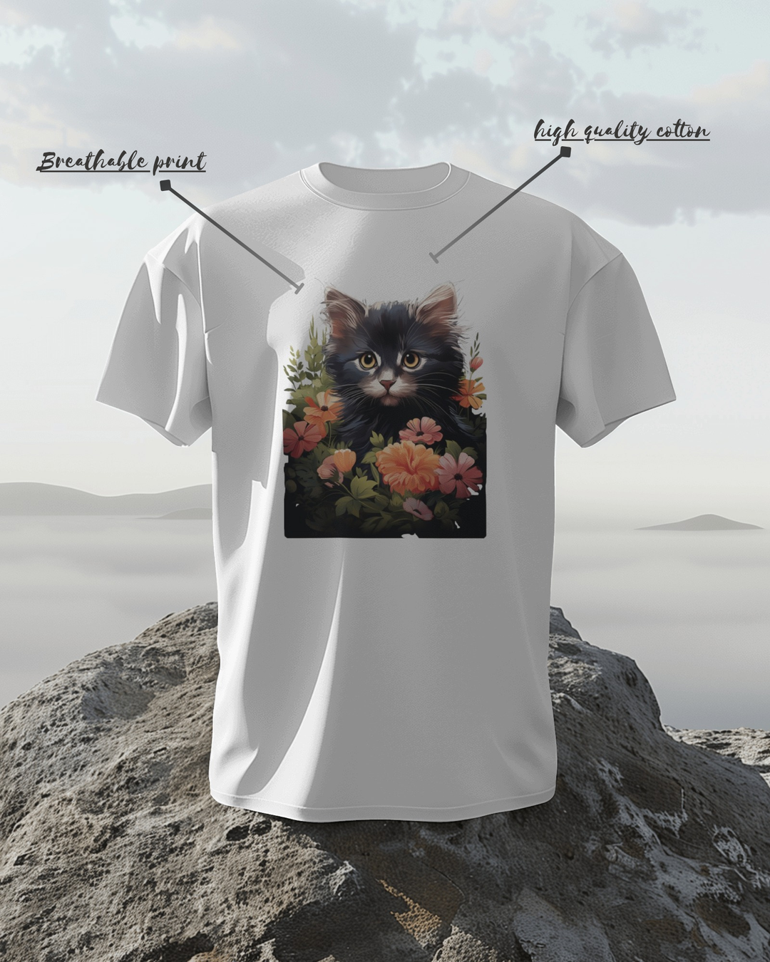Elegant Black Cat with Floral Frame – Artistic T-Shirt Design