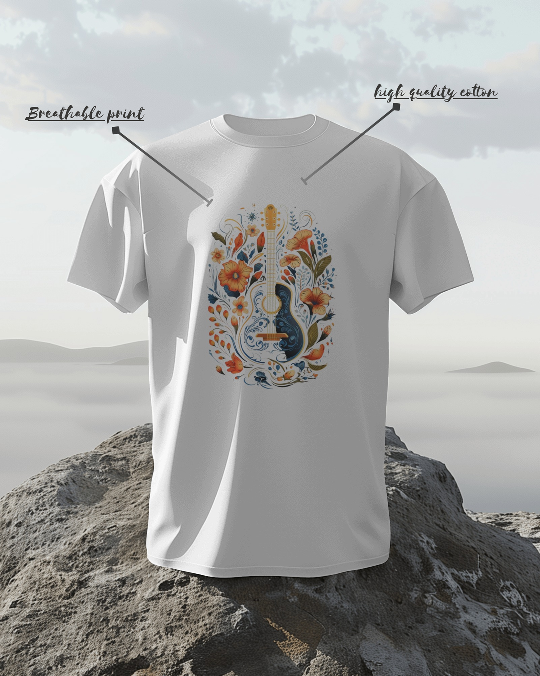 Boho Floral Guitar Graphic T-Shirt for Music Lovers