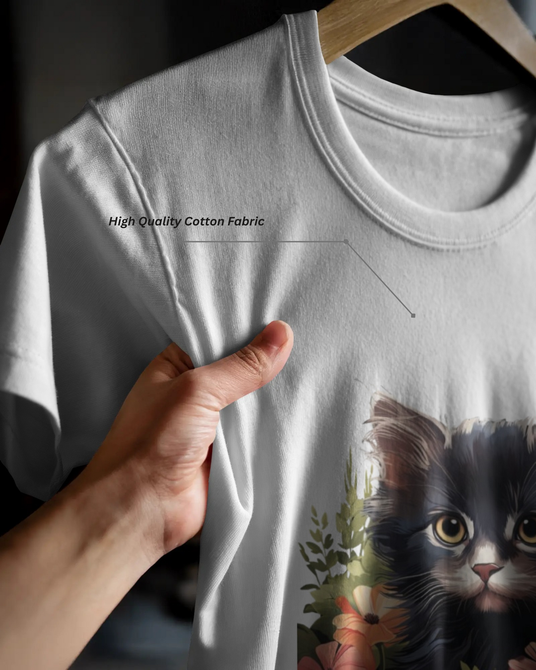 Elegant Black Cat with Floral Frame – Artistic T-Shirt Design