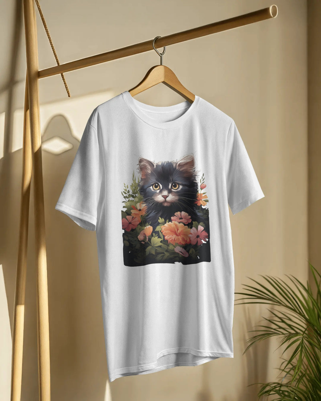 Elegant Black Cat with Floral Frame – Artistic T-Shirt Design