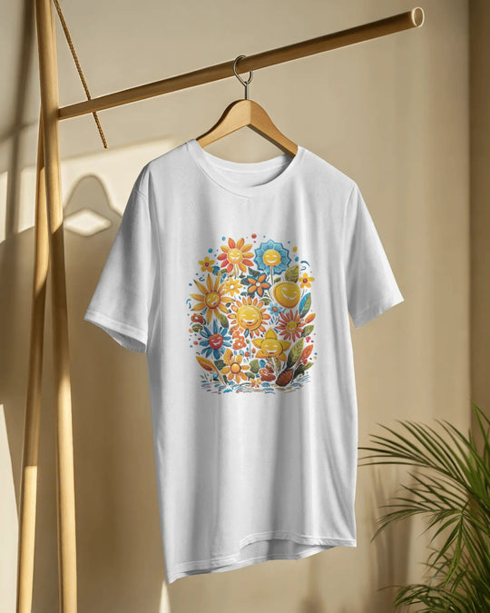 Smiley Flower Garden Graphic T-Shirt – Vibrant Positive Vibes