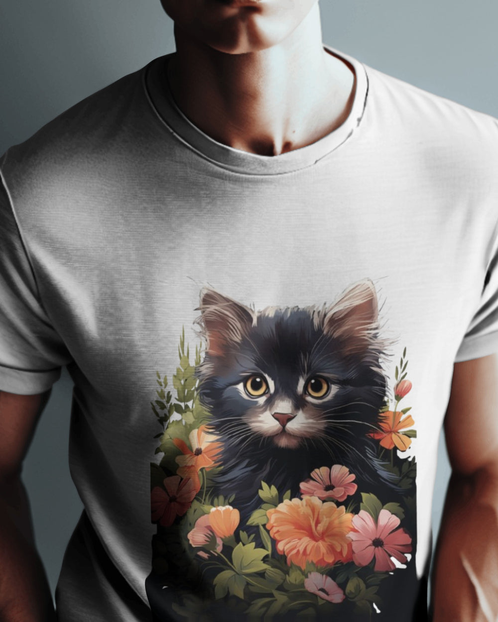 Elegant Black Cat with Floral Frame – Artistic T-Shirt Design