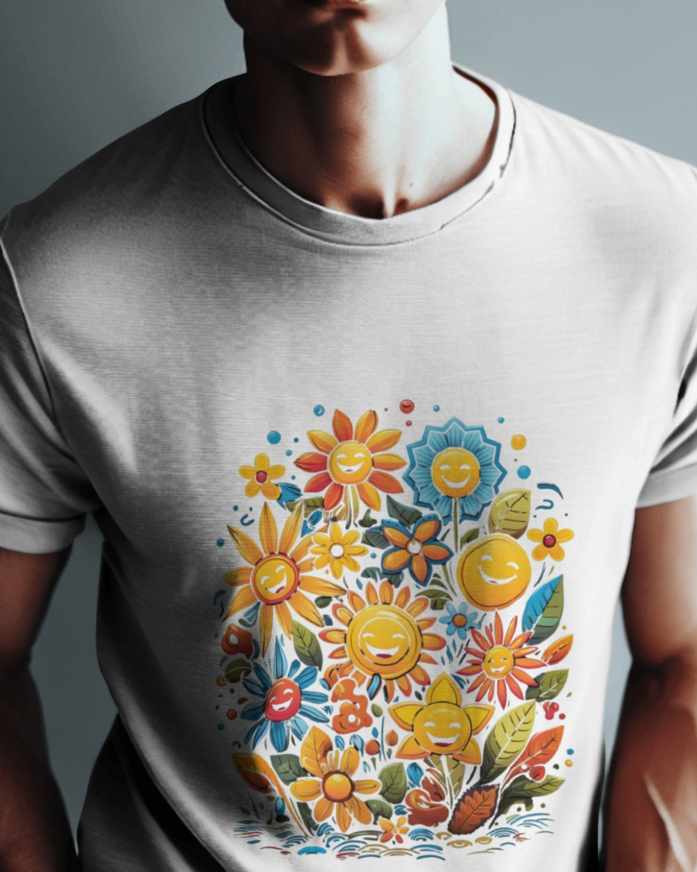 Smiley Flower Garden Graphic T-Shirt – Vibrant Positive Vibes