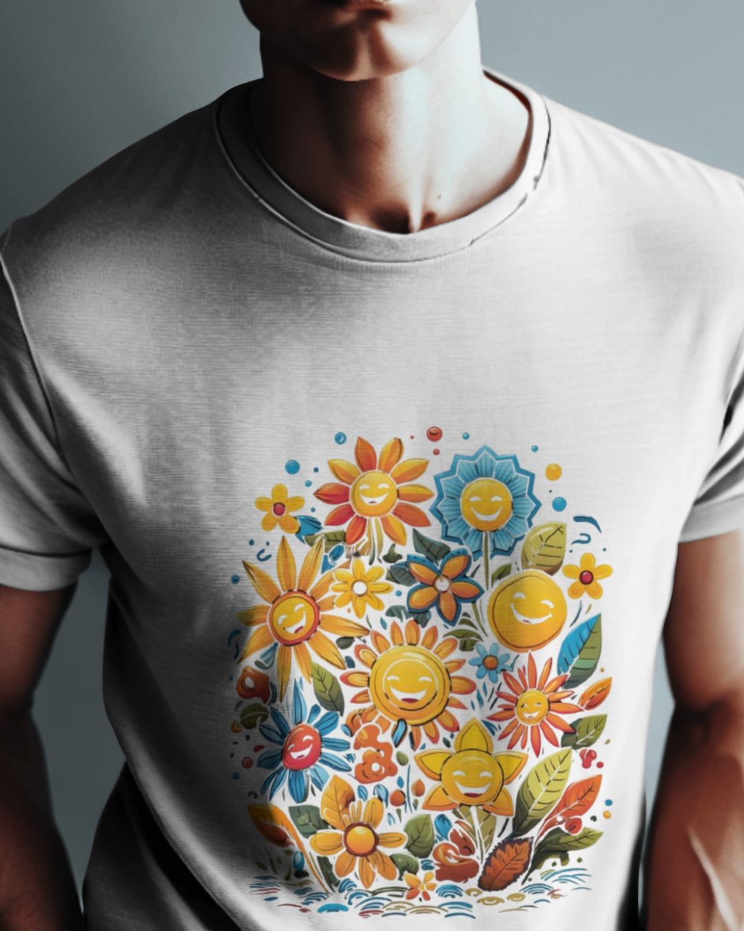 Smiley Flower Garden Graphic T-Shirt – Vibrant Positive Vibes