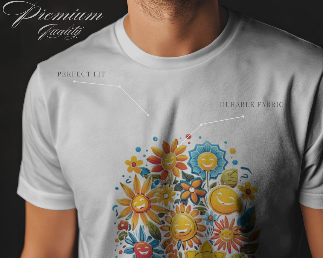 Smiley Flower Garden Graphic T-Shirt – Vibrant Positive Vibes