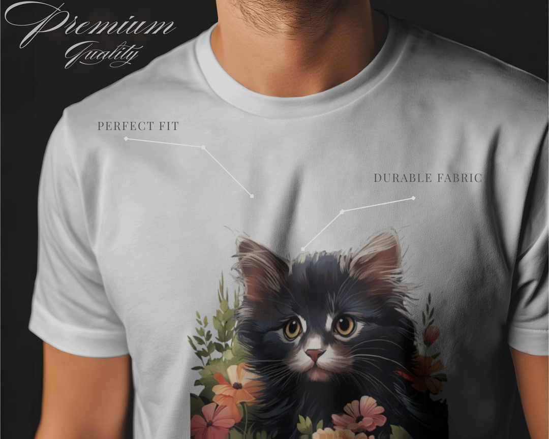 Elegant Black Cat with Floral Frame – Artistic T-Shirt Design